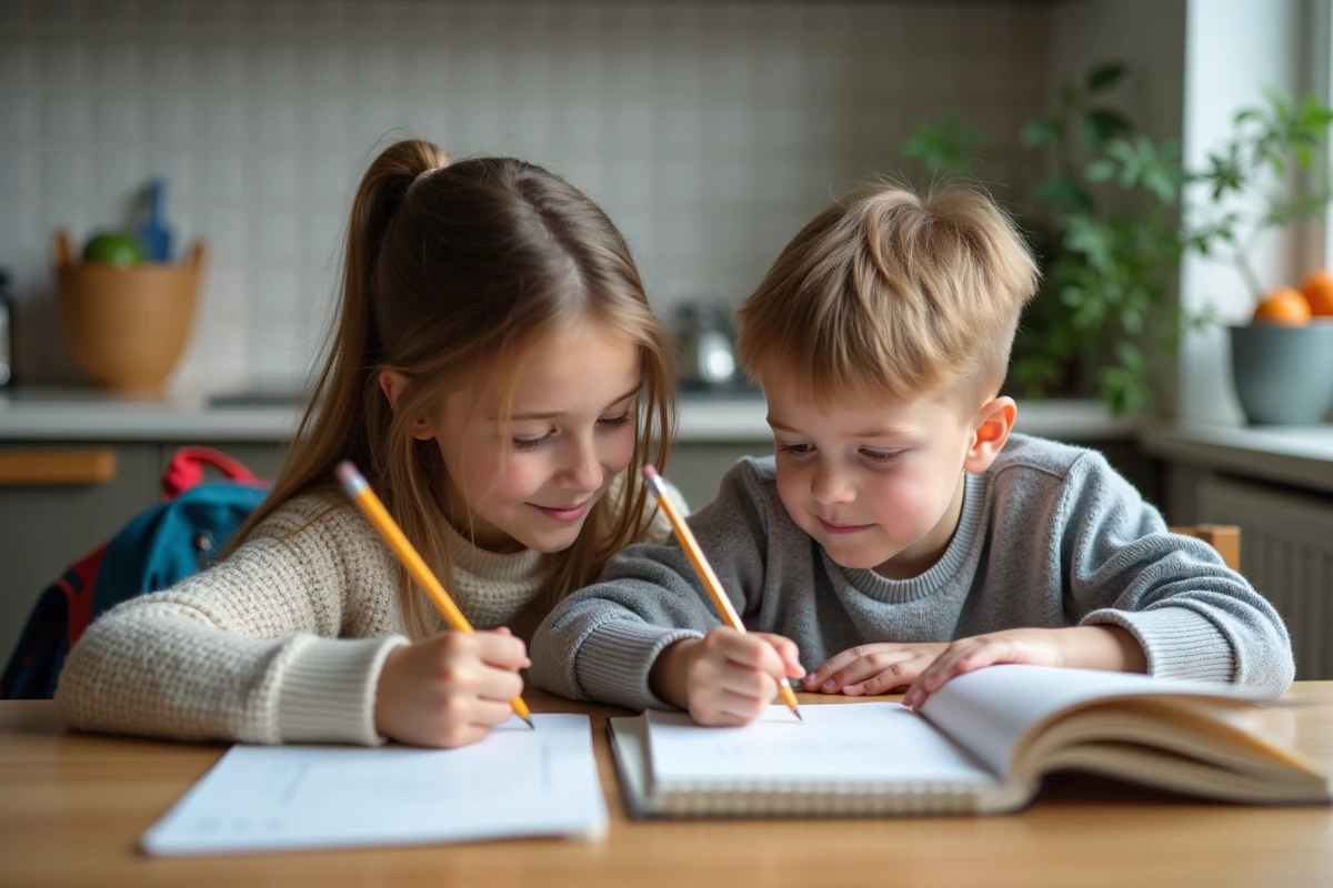 Une adolescente aide patiemment son jeune frère à faire ses devoirs à la table de cuisine, illustrant la solidarité et l'entraide entre frères et sœurs
