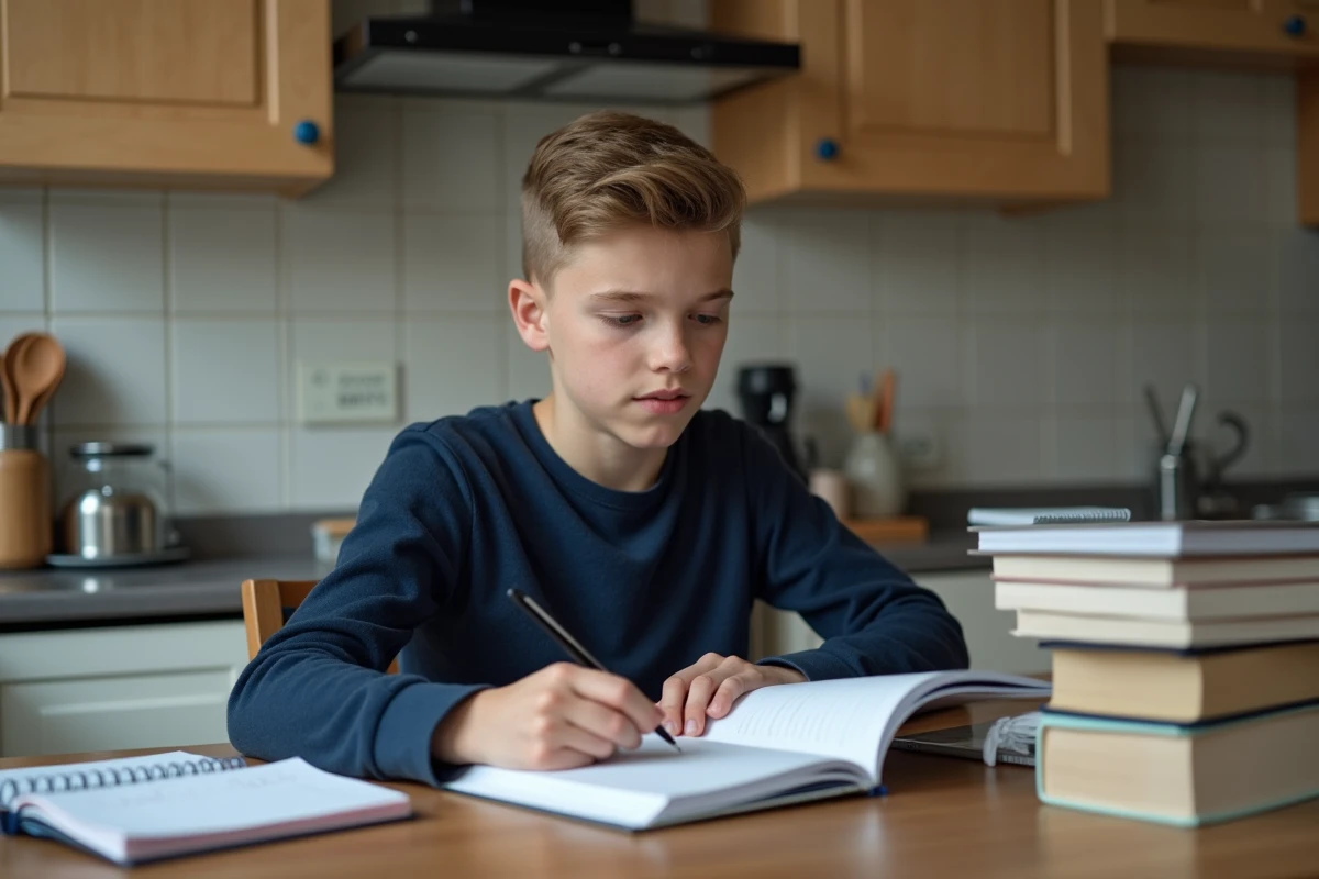 Adolescent faisant ses devoirs sur la table de la cuisine avec un ordinateur portable et plusieurs manuels scolaires