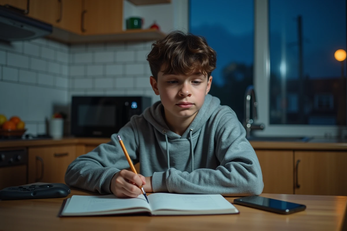 Adolescent de 14 ans seul dans la cuisine le soir faisant ses devoirs, smartphone posé à côté, symbolisant l'autonomie nocturne progressive d'un enfant