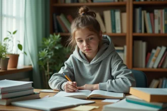 Adolescente concentrée sur ses devoirs à son bureau encombré de livres et de cahiers dans sa chambre