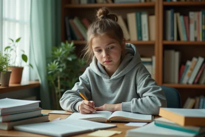 Adolescente concentrée sur ses devoirs à son bureau encombré de livres et de cahiers dans sa chambre