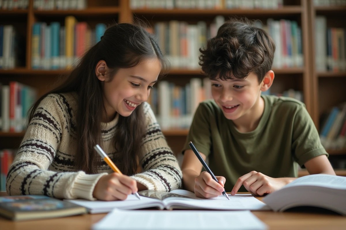 Deux adolescents qui travaillent ensemble sur leurs devoirs dans une bibliothèque scolaire entourés de livres