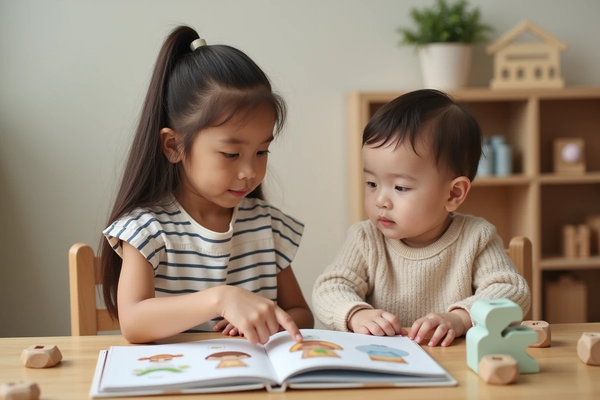 Deux jeunes frère et sœur regardant ensemble un livre illustré, l'aîné montrant des mots au cadet dans une salle de jeux