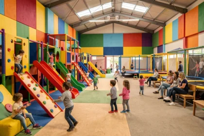 Vue générale d'une grande aire de jeux couverte en Centre-Val de Loire avec des enfants jouant sur des structures colorées