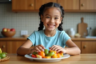 Jeune fille préparant une assiette équilibrée de fruits et légumes colorés dans une cuisine familiale