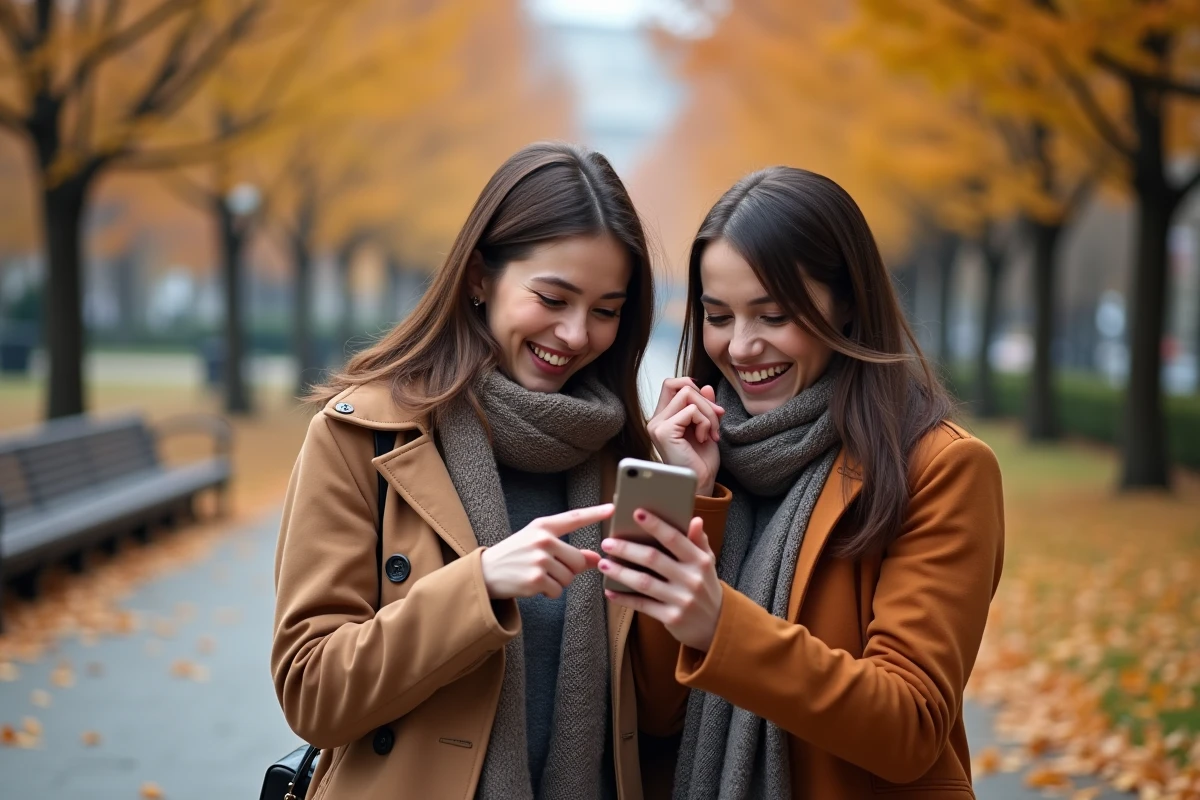 Deux amies riant devant un message codé sur un téléphone dans un parc en automne