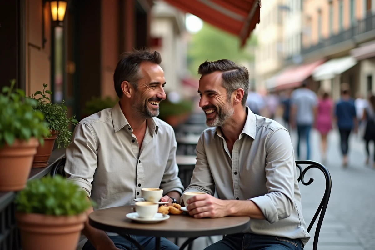 Deux hommes riant ensemble à une terrasse de café en ville symbolisant le fait de profiter des moments simples