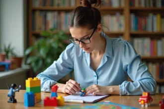 Femme analysant la rentabilité de jouets colorés sur un bureau en bois avec LEGO et figurines
