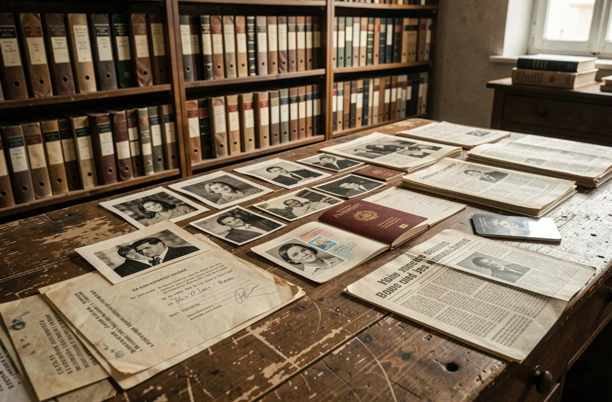 Bureau d'archives vintage avec documents, photos en noir et blanc et passeport des années 70 liés à l'enquête sur María de la Soledad et Jacques Mesrine