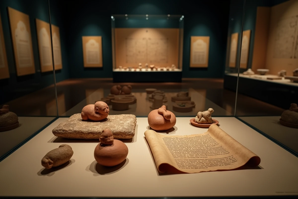 Vitrine de musée présentant des artefacts archéologiques anciens liés aux premiers êtres humains et à la naissance