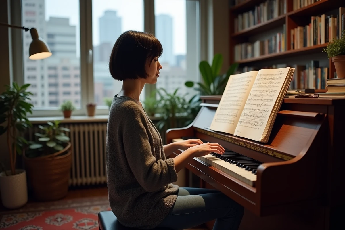 Femme artiste au piano dans son studio privé à domicile, capturée dans un moment créatif intime loin des projecteurs