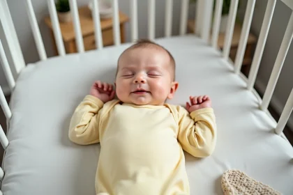 Bébé de 2 mois dormant paisiblement dans un berceau blanc en bois dans une chambre de bébé minimaliste