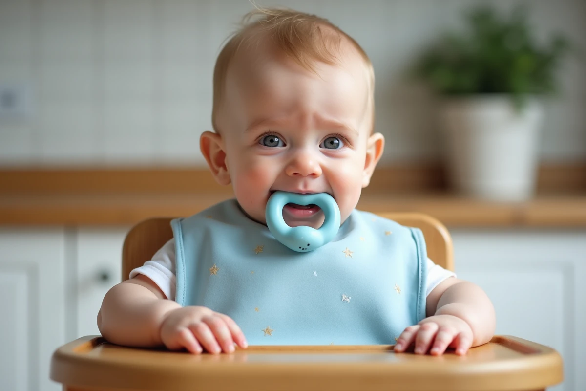 Bébé qui mâche un anneau de dentition avec des signes visibles d'inconfort lié à la poussée dentaire