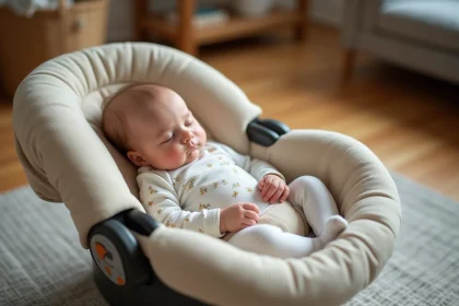 Bébé endormi dans un cosy posé sur le sol d'un salon, illustrant les risques de laisser dormir un nourrisson dans son siège auto