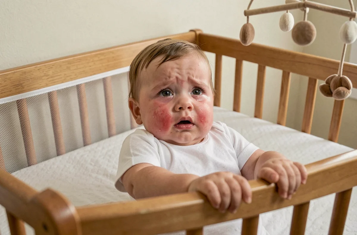 Bébé en pleurs dans son berceau agrippant les barreaux, image réaliste illustrant les effets émotionnels du laisser-pleurer sur le nourrisson et le développement de l'attachement