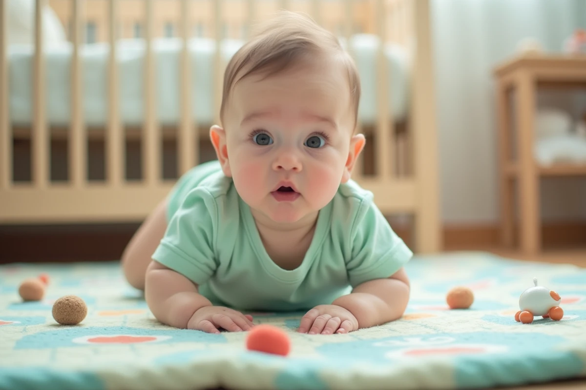 Bébé en position de pré-reptation sur un tapis d'éveil coloré dans une chambre de bébé