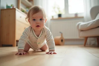 Bébé de 8 mois en train de ramper sur un parquet en bois dans un salon scandinave