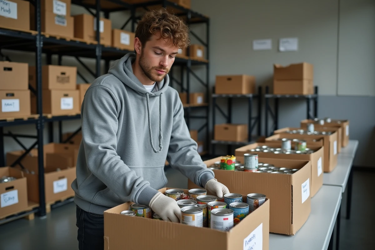 Jeune bénévole triant des denrées alimentaires dans une banque alimentaire lors d'une collecte solidaire