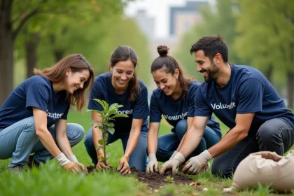 Groupe de bénévoles plantant des arbres dans un parc urbain lors d'une action environnementale collective