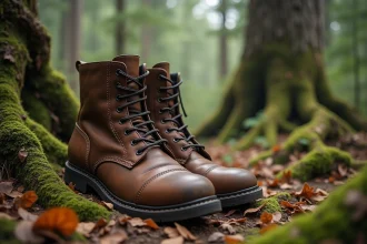 Bottes magiques géantes posées sur un sol forestier moussu, évoquant l'objet magique du Petit Poucet dans un cadre de conte de fées