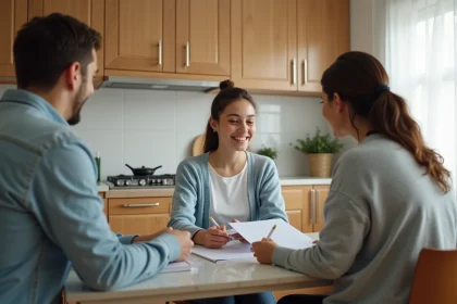 Parents et nounou assises autour d'une table de cuisine pour un entretien de briefing avec des notes et un carnet