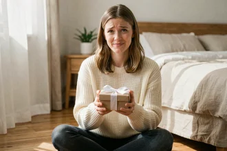 Femme souriante tenant un cadeau emballé pour annoncer sa grossesse à son conjoint dans une chambre cosy