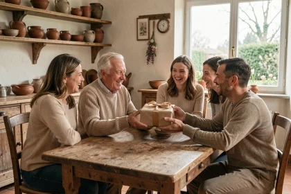 Grand-père souriant recevant un cadeau commun de ses petits-enfants adultes autour d'une table en bois rustique pour la Fête des grands-pères