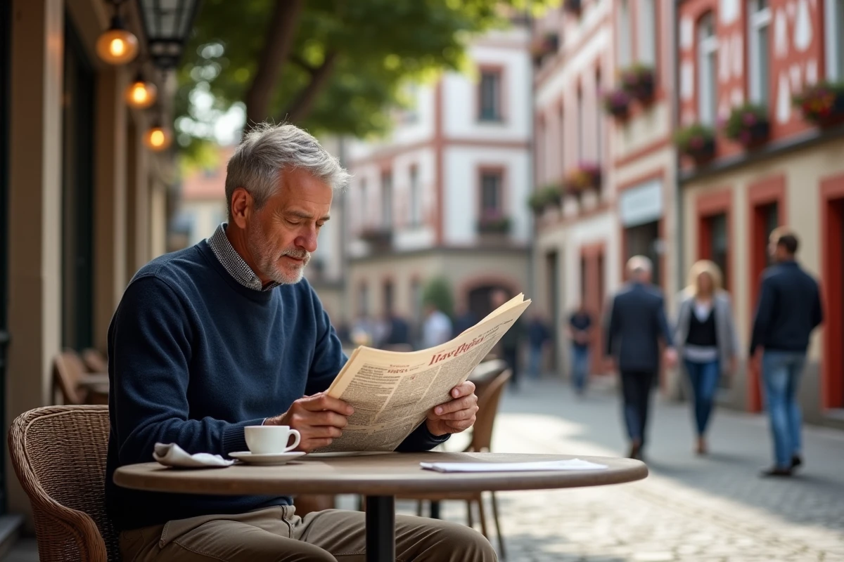 Homme attablé dans un café d'un village basque typique, Pays Basque français, qualité de vie régionale