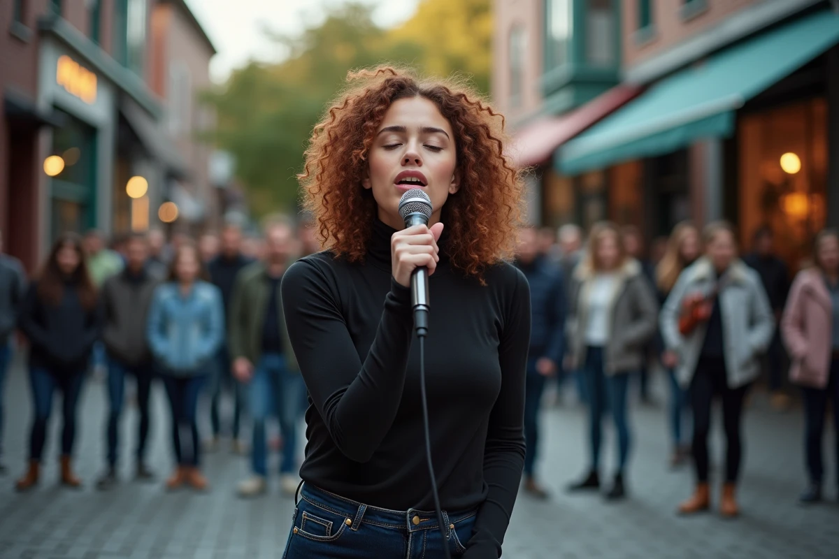 Chanteuse en performance dans un festival de rue urbain devant un public attentif, symbolisant le rôle social des musiciens