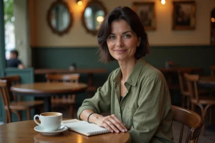 Femme artiste introspective seule dans un café parisien, carnet ouvert sur la table, exprimant la discrétion sur sa vie privée