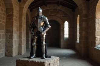 Armure de chevalier médiéval exposée dans une salle de château en pierre, illustration des codes de l'ordre chevaleresque et du célibat