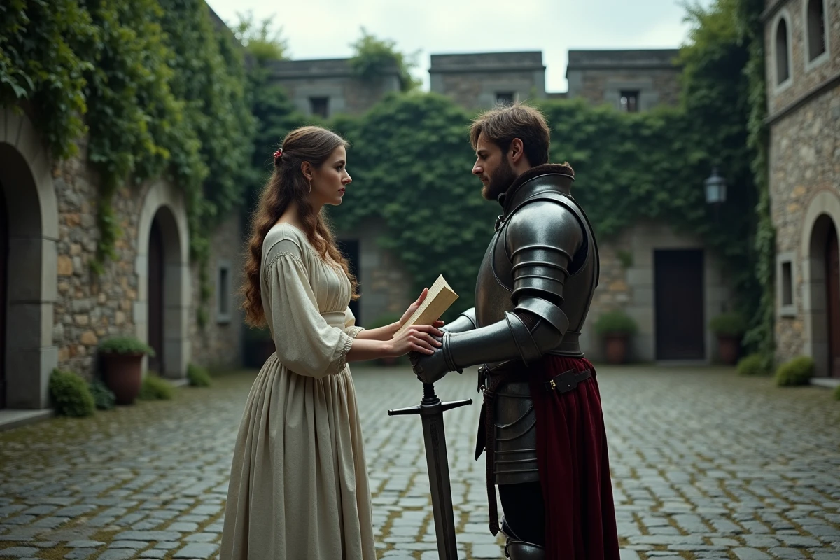 Chevalier médiéval et noble dame séparés dans une cour de forteresse, illustrant les contraintes matrimoniales imposées aux chevaliers par les ordres religieux