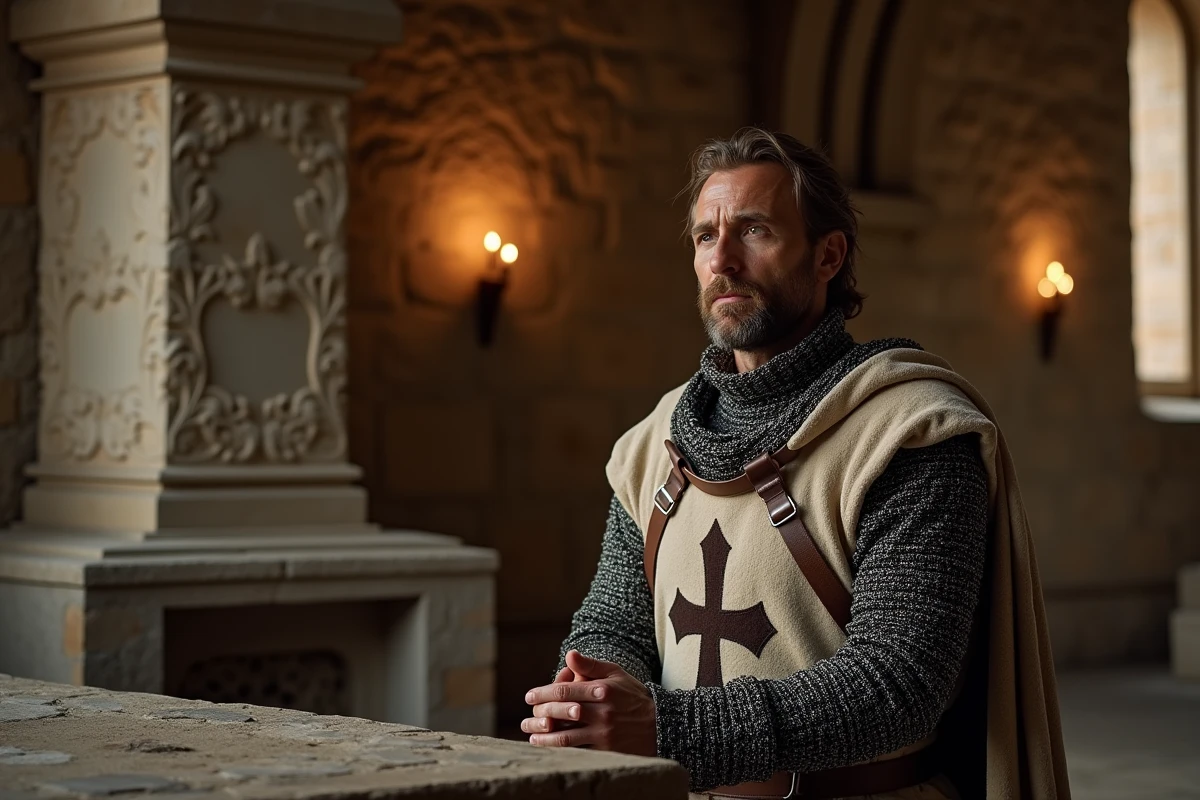 Chevalier médiéval agenouillé en serment devant un autel de chapelle romane, symbolisant les vœux de chasteté et l'ordre religieux chevaleresque