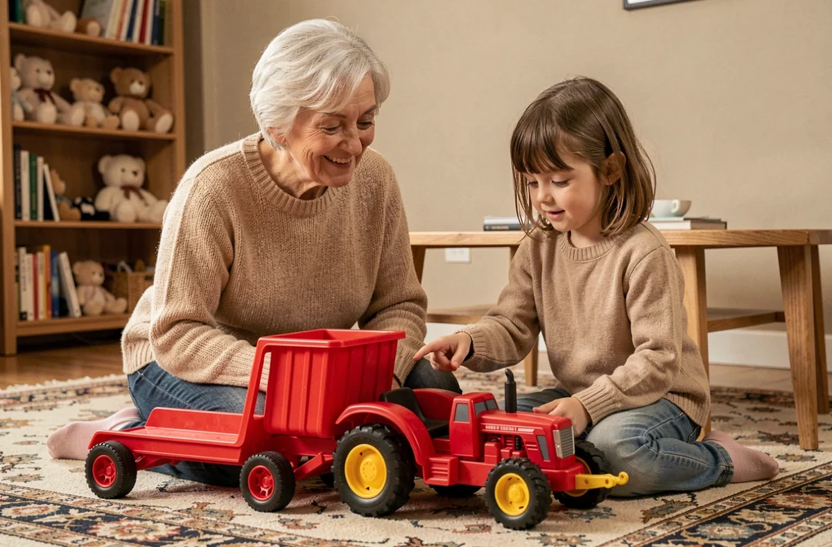 Grand-mère et petite fille choisissant ensemble un jouet tracteur agricole rouge dans un salon
