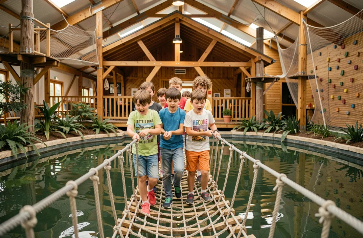 Enfants traversant un pont de corde suspendu au-dessus d'un lac artificiel à Clic'Lac Aventures, parc couvert en sud Touraine