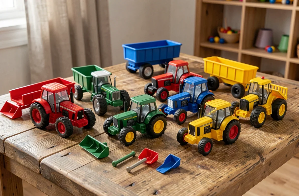Comparatif de plusieurs jouets tracteurs agricoles en plastique et métal pour enfant sur une table en bois