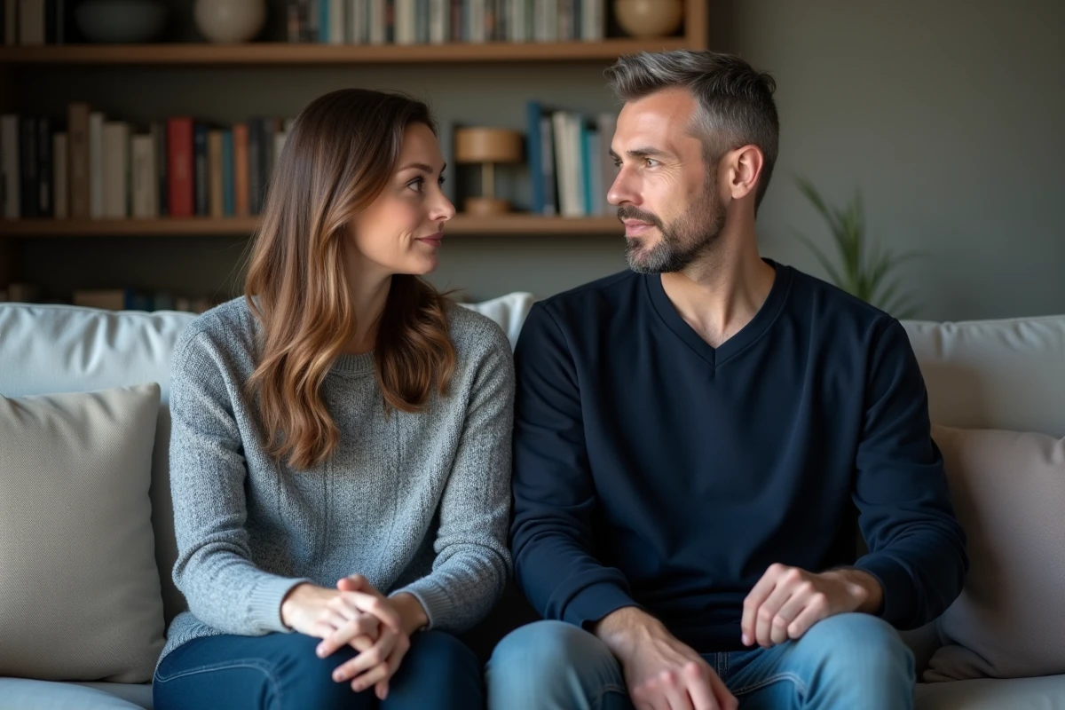 Couple en conversation sérieuse et respectueuse sur un canapé pour résoudre un désaccord conjugal