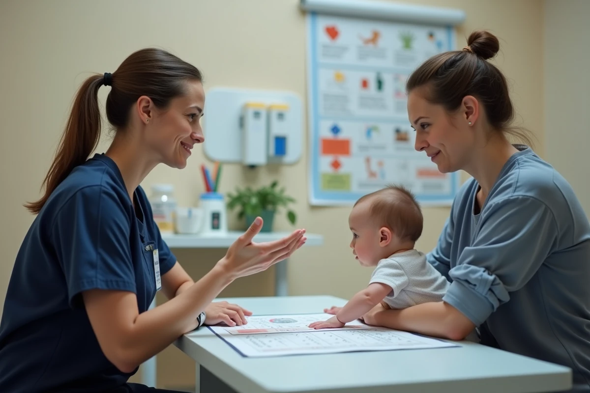 Infirmière pédiatrique expliquant une courbe de croissance à une jeune mère tenant son bébé lors d'une consultation, aidant à distinguer pic de croissance et poussée dentaire