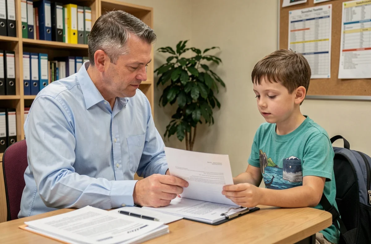 Coordinateur AESH et enfant en situation de handicap révisant un dossier de demande dans un bureau scolaire