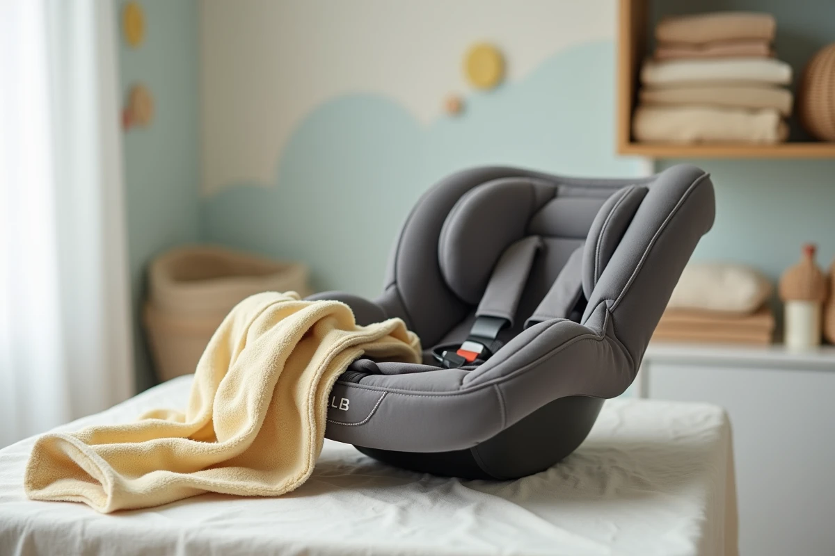 Gros plan sur un cosy siège auto pour nourrisson posé dans une chambre de bébé, mettant en évidence la forme inclinée déconseillée pour le sommeil prolongé