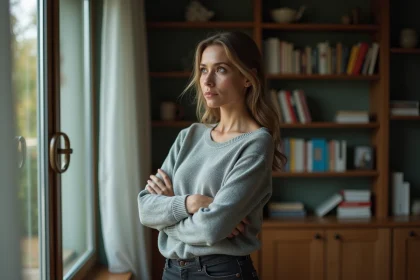Femme pensive debout près d'une fenêtre, bras croisés, illustrant la distance émotionnelle avec un membre toxique de la famille