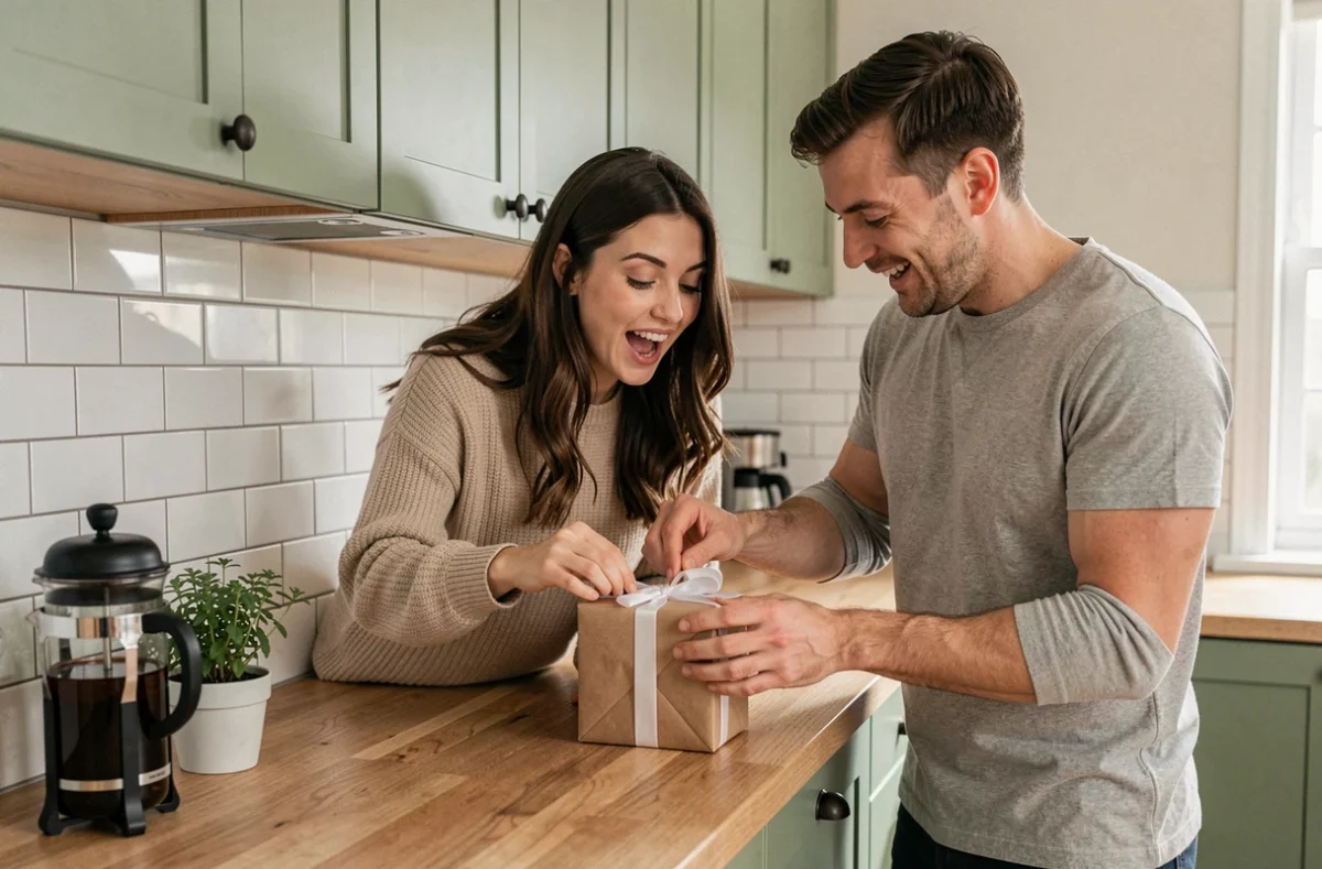 Couple découvrant ensemble un cadeau surprise pour annoncer une grossesse dans une cuisine moderne
