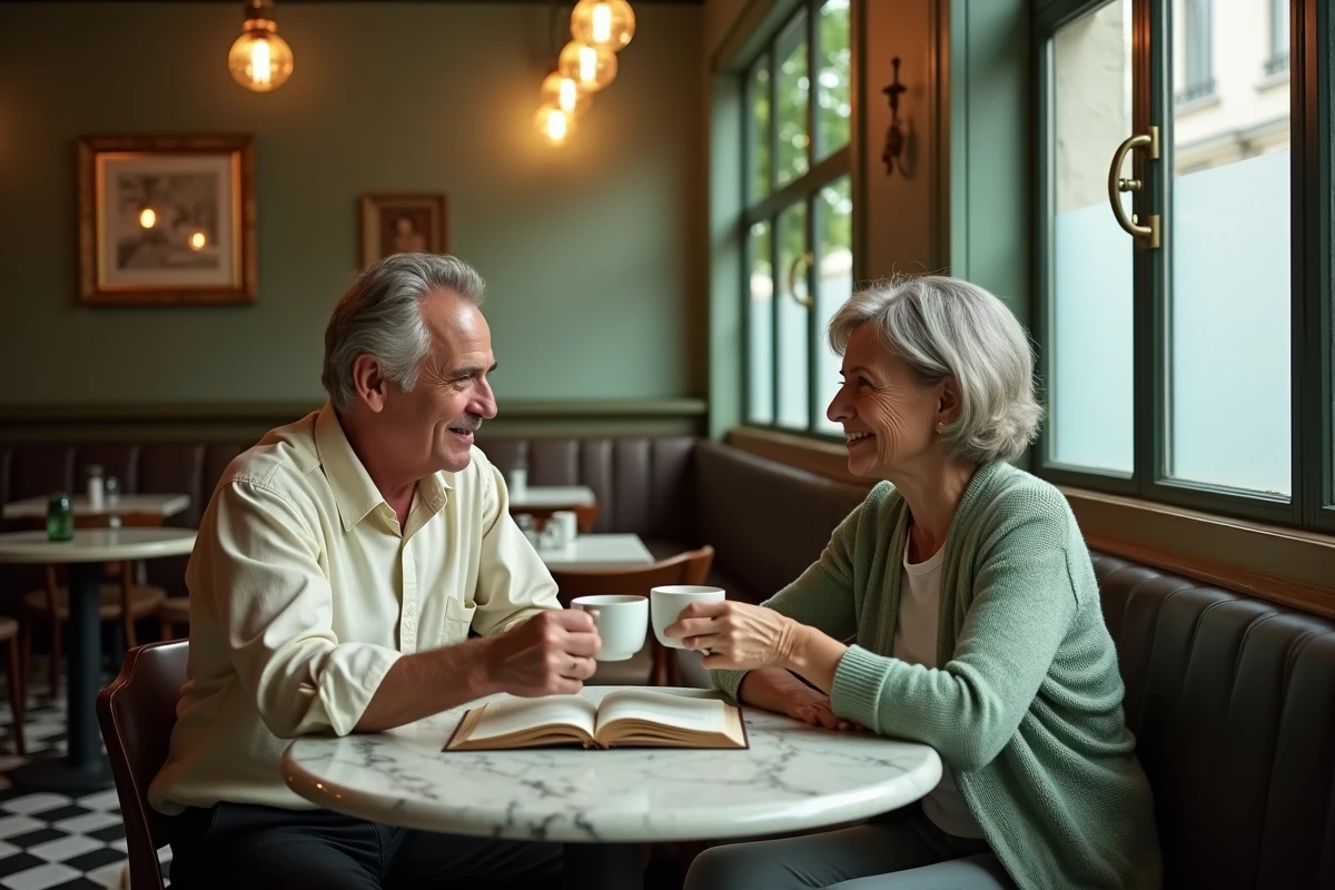 Couple mature partageant un café dans une brasserie parisienne traditionnelle, illustration de la vie privée et discrète d'un écrivain renommé