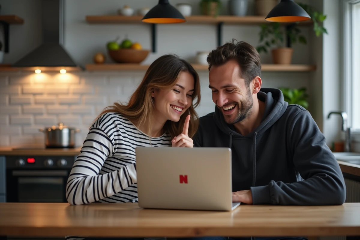Couple attablé dans une cuisine moderne qui discute ensemble devant un ordinateur portable ouvert sur Netflix pour choisir un film