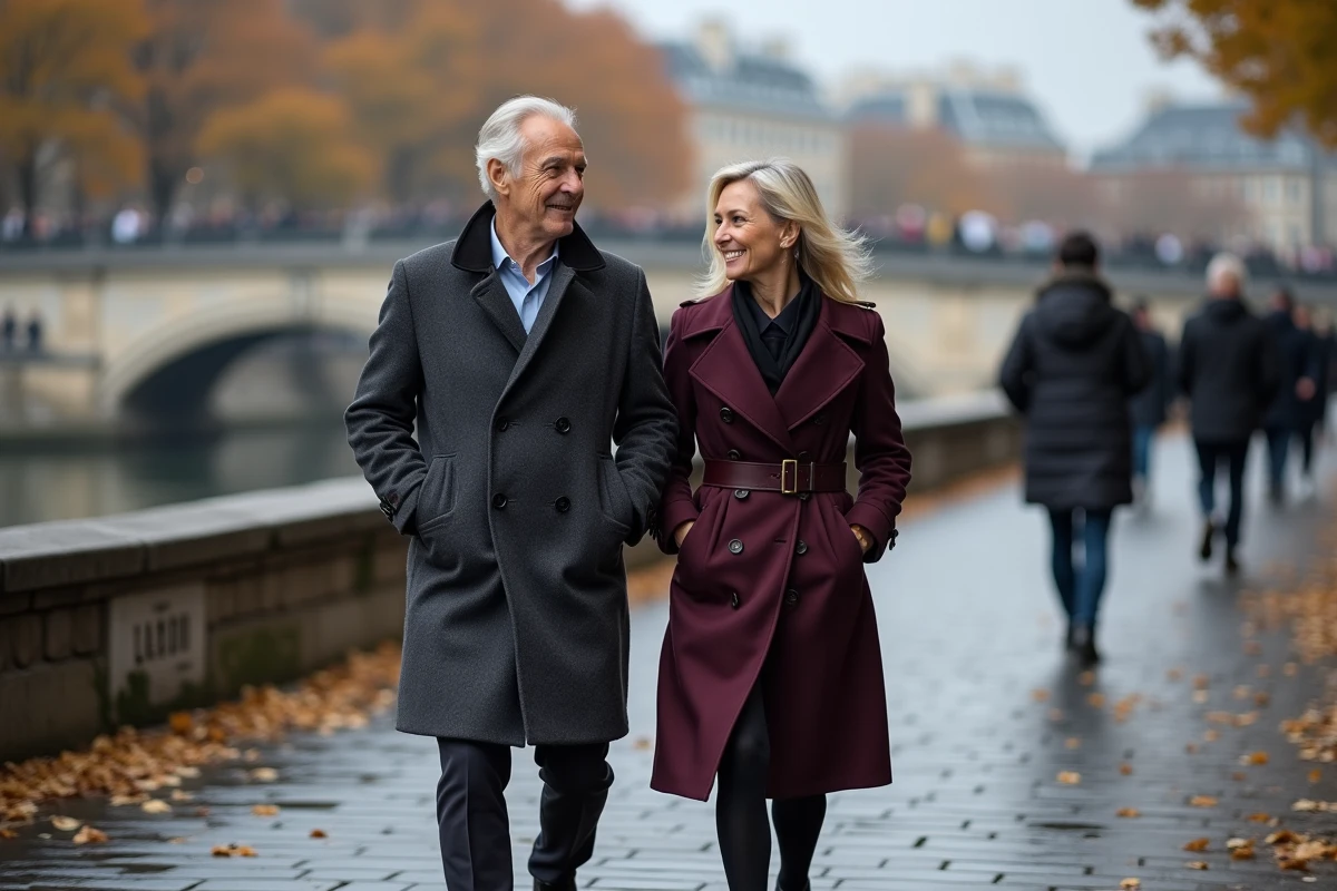 Couple élégant se promenant sur les quais de Seine à Paris en automne, évoquant la discrétion de la vie privée d'un auteur célèbre