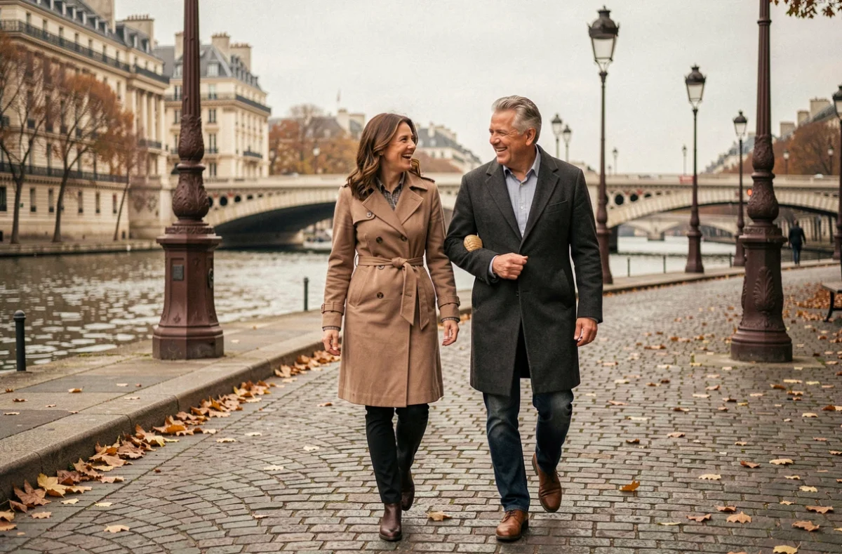 Couple élégant marchant et riant sur les quais de Seine à Paris en automne, ambiance romantique et naturelle