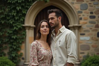 Couple interreligieux devant une chapelle en pierre, symbolisant la question du mariage entre religions différentes