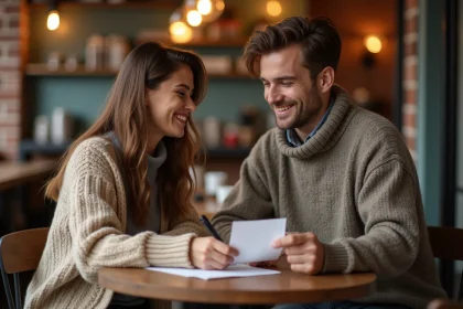 Couple dans un café échangeant un message d'amour écrit à la main sur une table en bois