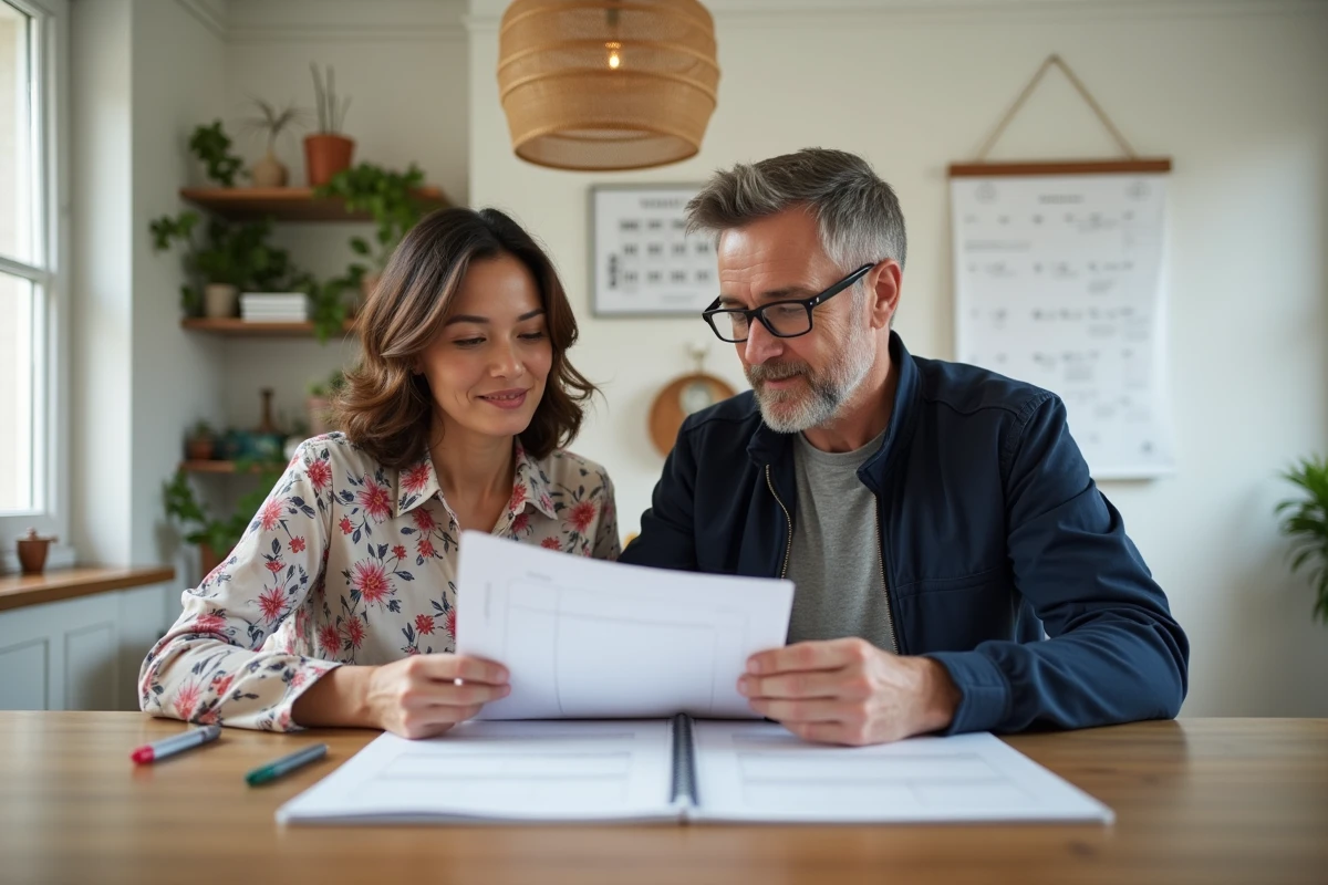 Couple planifiant ensemble leur organisation familiale et professionnelle autour d'un agenda partagé, illustrant la conciliation travail-famille