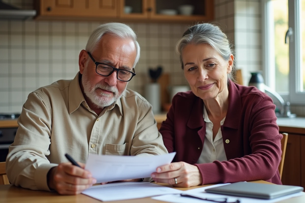 Couple senior étudiant ensemble une procuration de succession à domicile autour d'une table